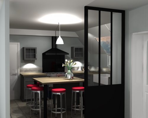 Vue 3D agencement cuisine avec verriere bois